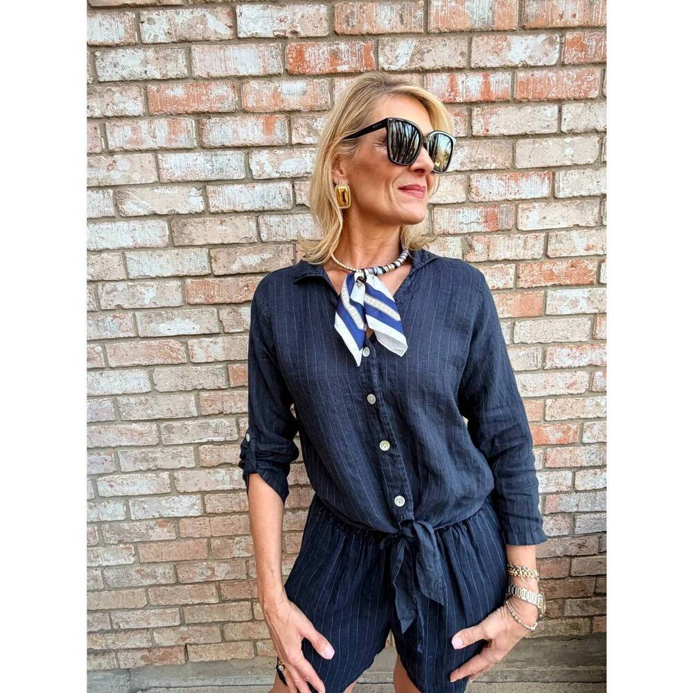 NEW MILIO MILANO natalie linen cropped blouse in navy
